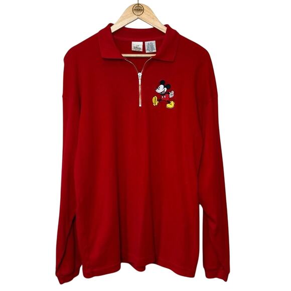 Disney Store Men’s Embroidered Mickey Mouse 1/4 Zip Long Sleeve Polo Red Men’s L - Picture 1 of 7